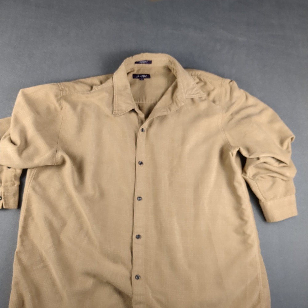J. Ashford Button Up Mens XL Tan Grid Long Sleeve Casual Polyester Shirt